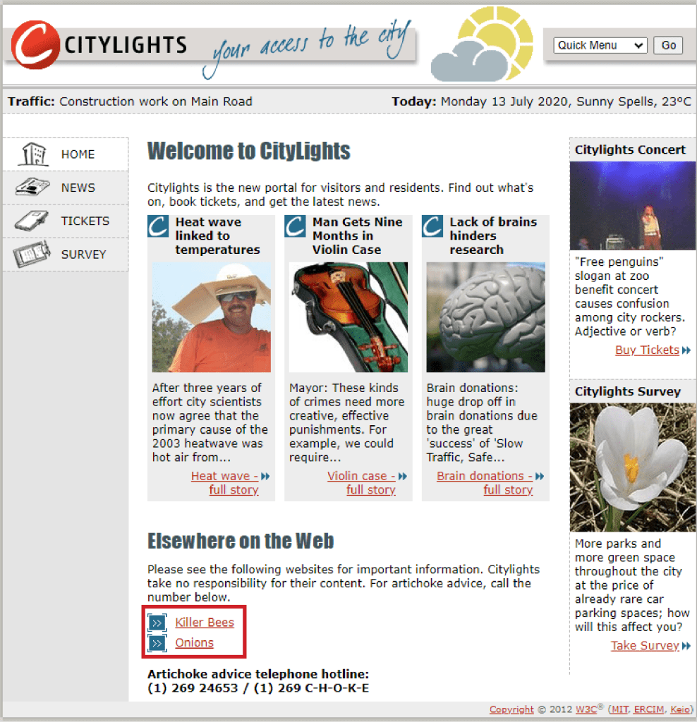Image demonstrating how click here links can be disorienting to users of assistive technology such as screen readers.