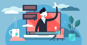 Stylized vector image of laptop and man with a headset